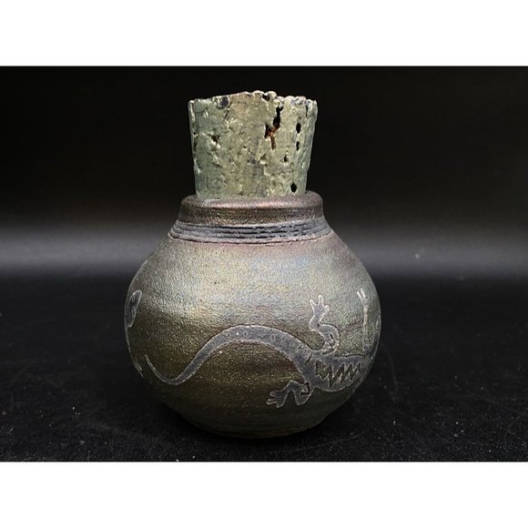J. Diller Raku Southwestern Art Pottery Vase Jar Gecko Lizard Cork Stopper - Picture 7 of 9